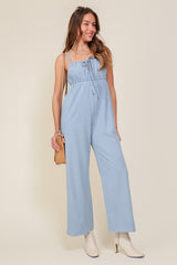 Denim Blue Sleeveless Jumpsuit With Self Tie