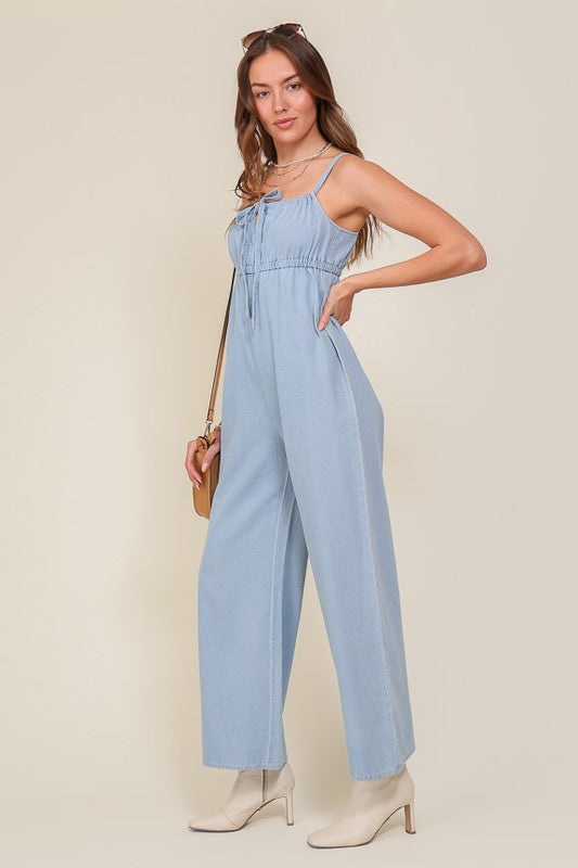 Denim Blue Sleeveless Jumpsuit With Self Tie