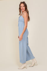 Denim Blue Sleeveless Jumpsuit With Self Tie