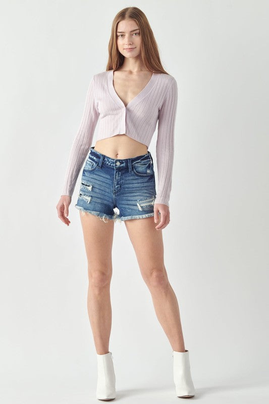 Mid Rise Distressed with Patch Detail Mini Shorts