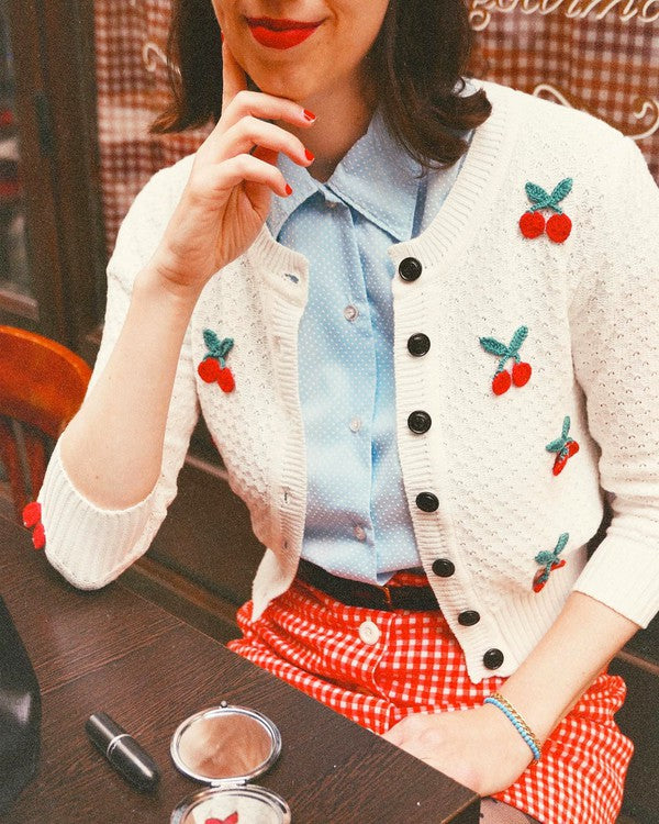 Cherry Crochet Pom Pom Cropped Cardigan Sweater king-general-store-5710.myshopify.com