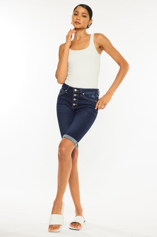 High Rise Button Down Cuffed Bermuda Jean Shorts