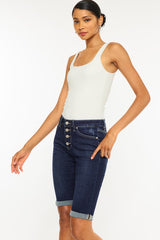 High Rise Button Down Cuffed Bermuda Jean Shorts