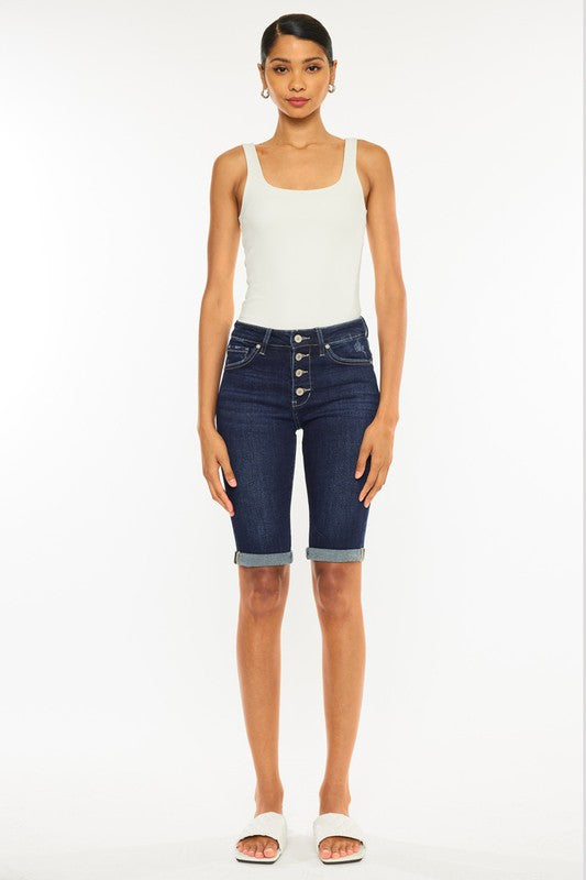 High Rise Button Down Cuffed Bermuda Jean Shorts