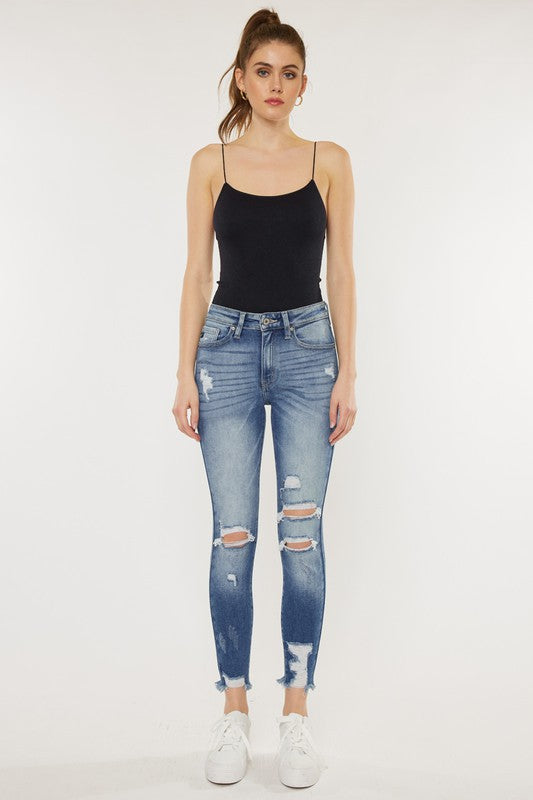 High Rise Fray Hem Ankle Skinny