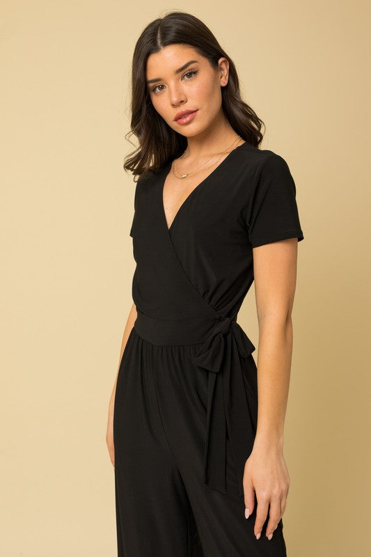 Solid Surplice Cropped Jumpsuit with Faux Wrap