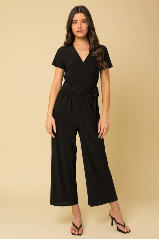 Solid Surplice Cropped Jumpsuit with Faux Wrap