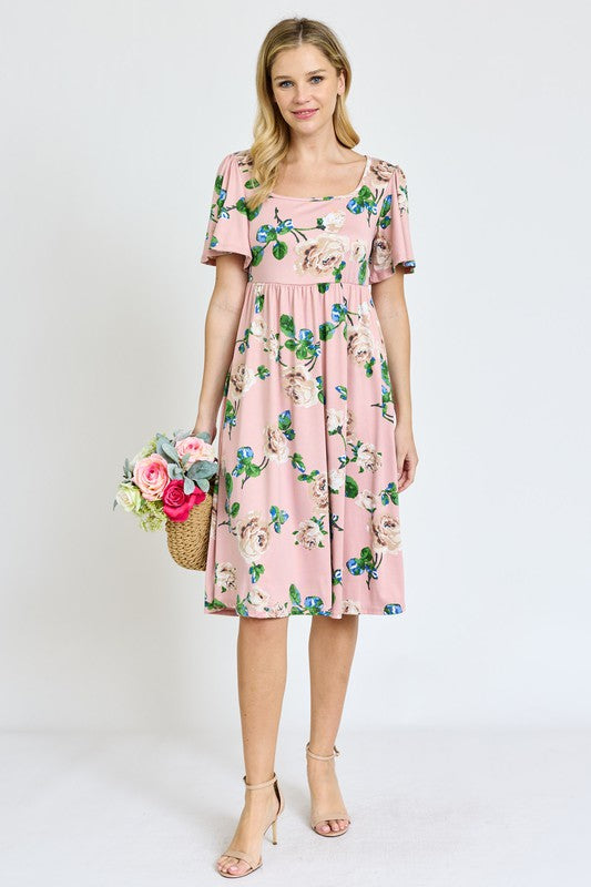 Kimono Sleeve Floral Tea Length Dress