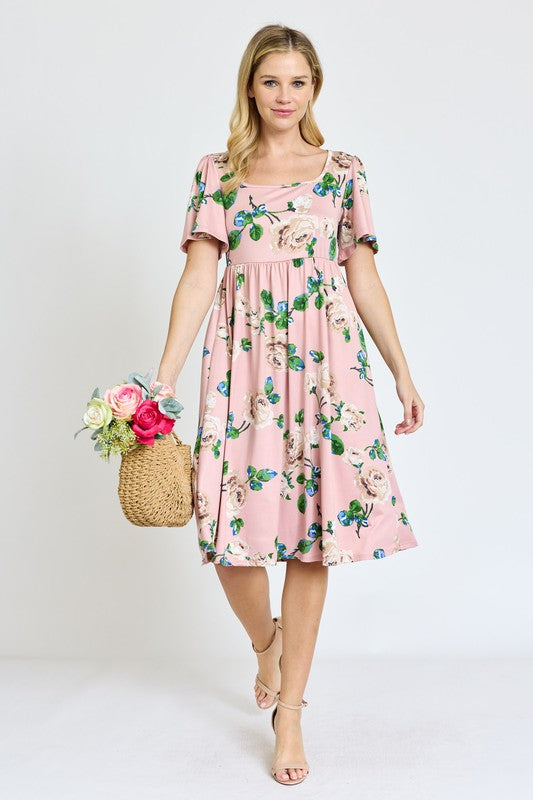 Kimono Sleeve Floral Tea Length Dress