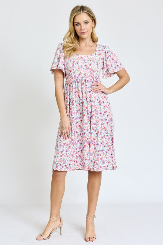 Kimono Sleeve Floral Tea Length Dress