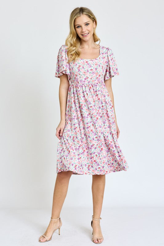 Kimono Sleeve Floral Tea Length Dress