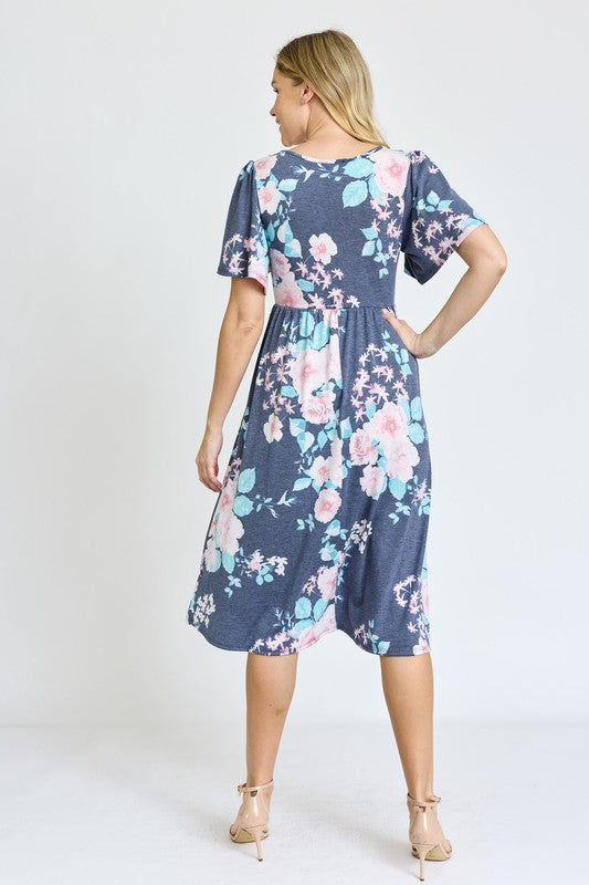 Kimono Sleeve Floral Tea Length Dress