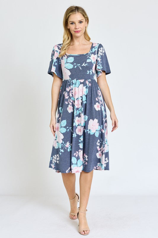 Kimono Sleeve Floral Tea Length Dress