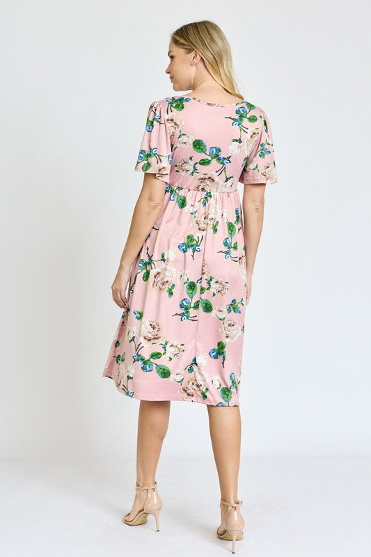 Kimono Sleeve Floral Tea Length Dress