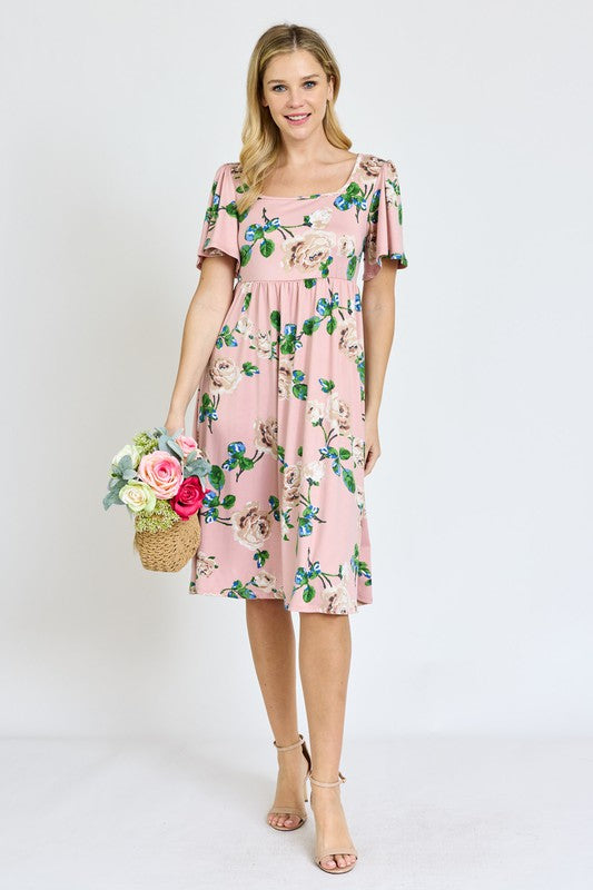 Kimono Sleeve Floral Tea Length Dress