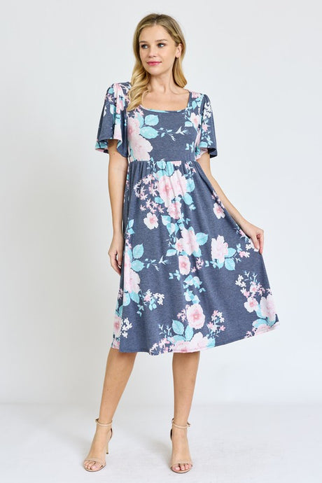 Kimono Sleeve Floral Tea Length Dress