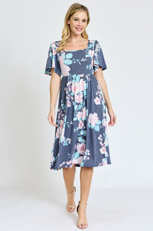 Kimono Sleeve Floral Tea Length Dress