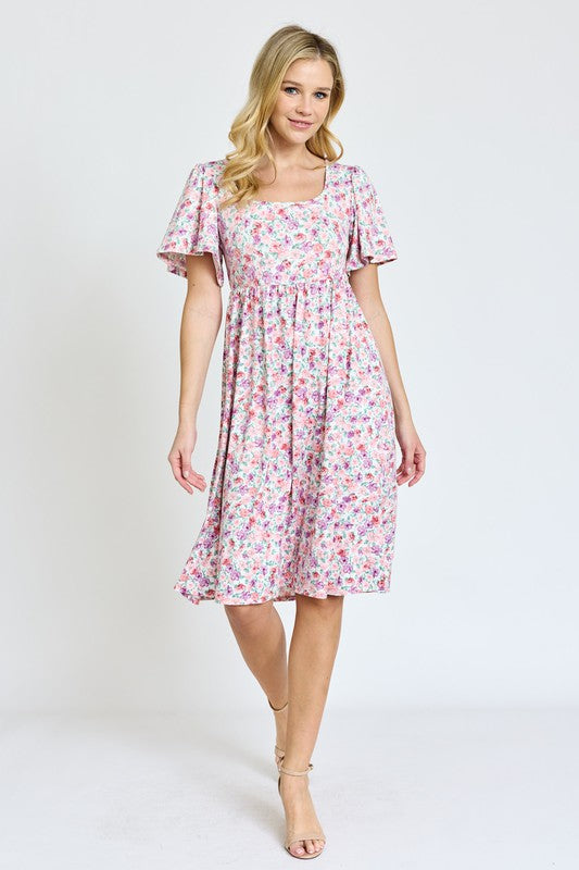 Kimono Sleeve Floral Tea Length Dress