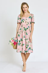 Kimono Sleeve Floral Tea Length Dress