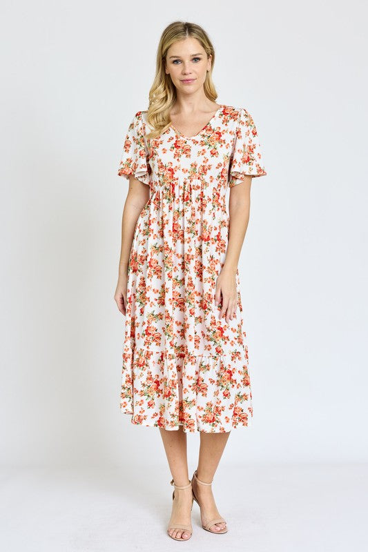 Floral Angel Sleeve Midi Dress