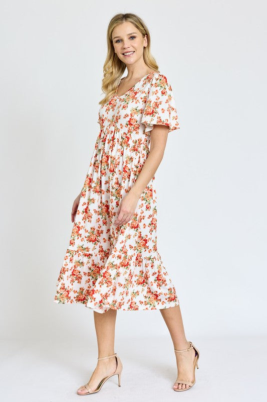 Floral Angel Sleeve Midi Dress