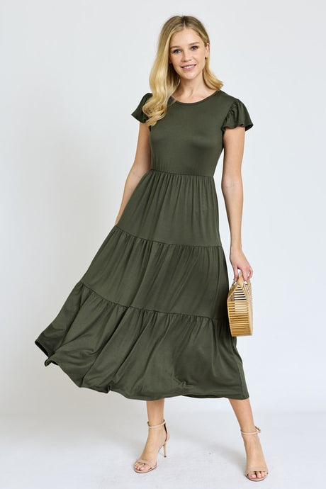 Solid Flutter Sleeve Tiered Tea Length Dress king-general-store-5710.myshopify.com