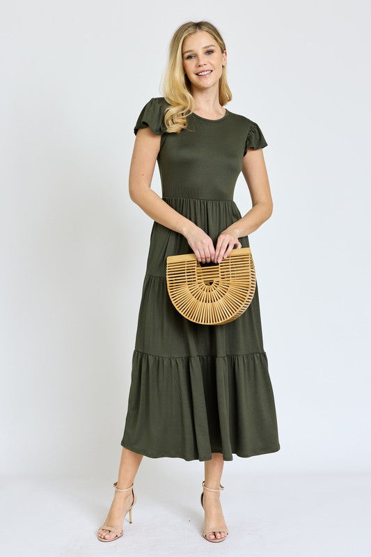 Solid Flutter Sleeve Tiered Tea Length Dress king-general-store-5710.myshopify.com