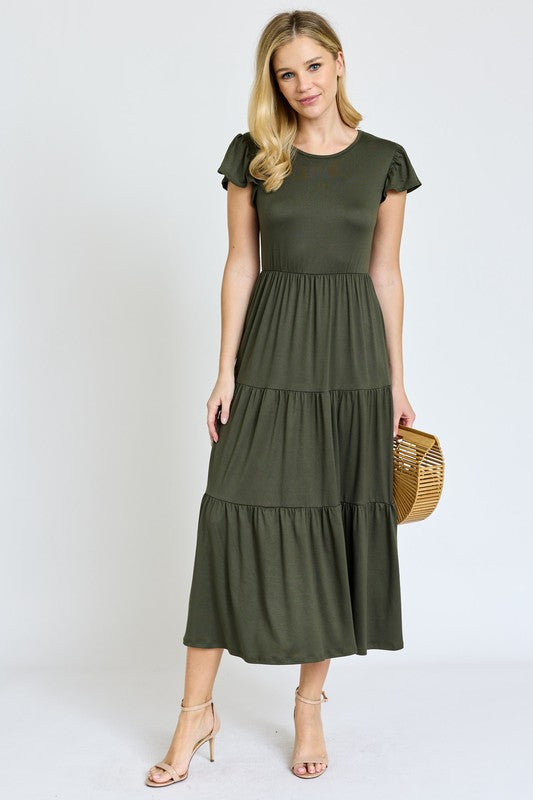 Solid Flutter Sleeve Tiered Tea Length Dress king-general-store-5710.myshopify.com