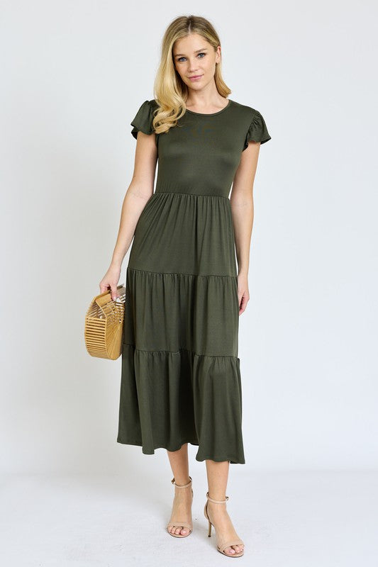 Solid Flutter Sleeve Tiered Tea Length Dress king-general-store-5710.myshopify.com