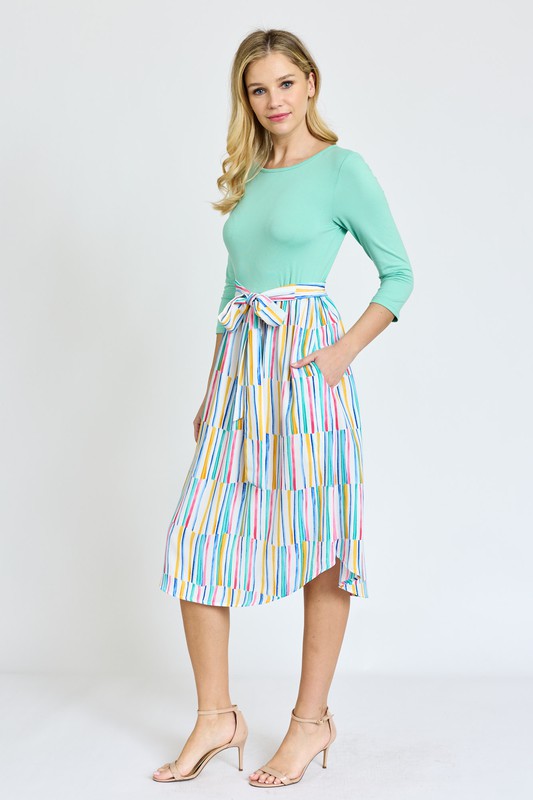 Quarter Sleeve Stripe Sash Midi Dress king-general-store-5710.myshopify.com