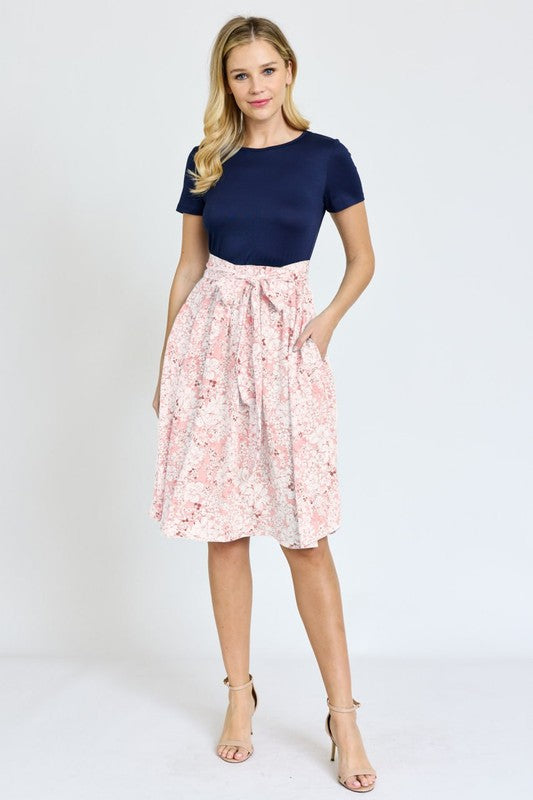 Short Sleeve Floral Sash Midi Dress