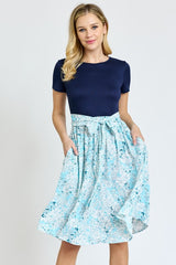 Short Sleeve Floral Sash Midi Dress