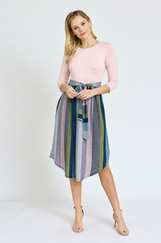 Quarter Sleeve Stripe Sash Midi Dress