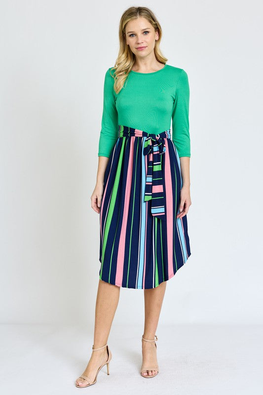 Quarter Sleeve Multi Stripe Sash Midi Dress