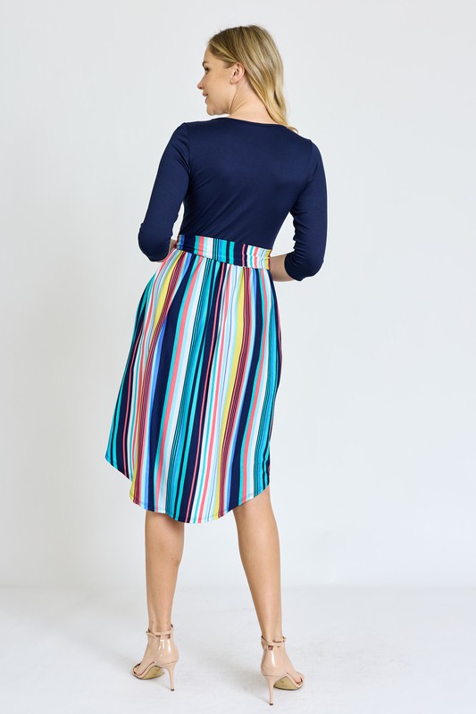 Quarter Sleeve Multi Stripe Sash Midi Dress