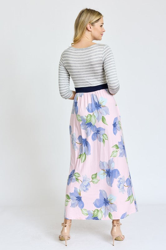 Stripe Band Floral Maxi Dress