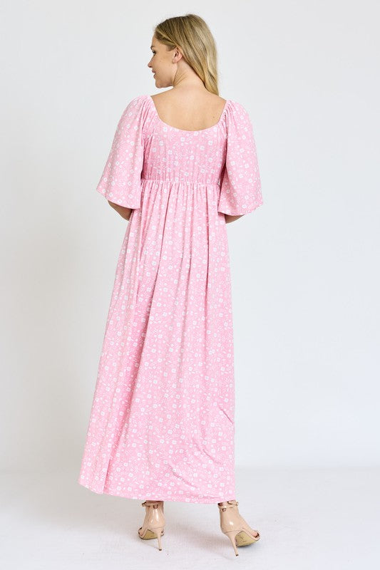 Floral Angel Sleeve Front Tie Maxi Dress