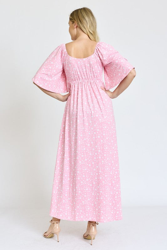 Floral Angel Sleeve Front Tie Maxi Dress