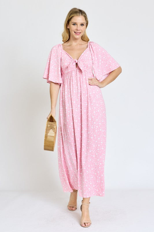 Floral Angel Sleeve Front Tie Maxi Dress