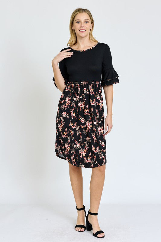 Double Ruffle Sleeve Midi Dress