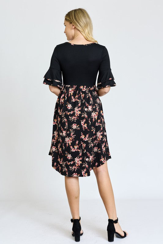 Double Ruffle Sleeve Midi Dress