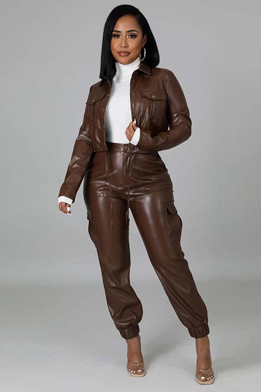 Brown PU Leather Waist Jacket Pant Set king-general-store-5710.myshopify.com