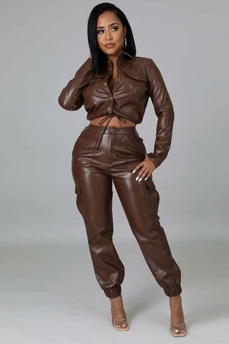 Brown PU Leather Waist Jacket Pant Set king-general-store-5710.myshopify.com