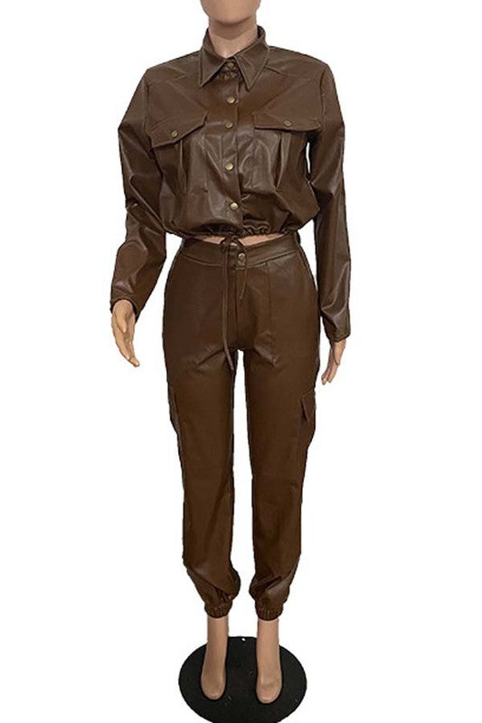 Brown PU Leather Waist Jacket Pant Set king-general-store-5710.myshopify.com