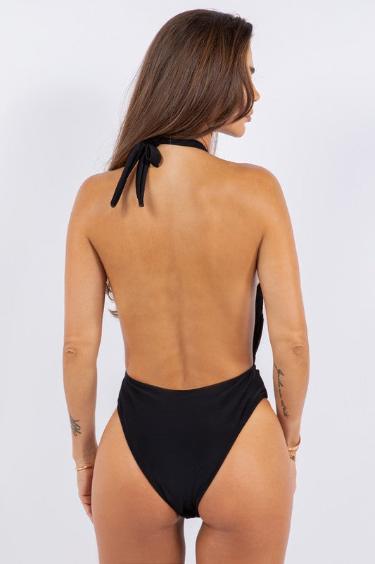 One Piece Bathing Suit with Deep Open Back and Belt on Waist