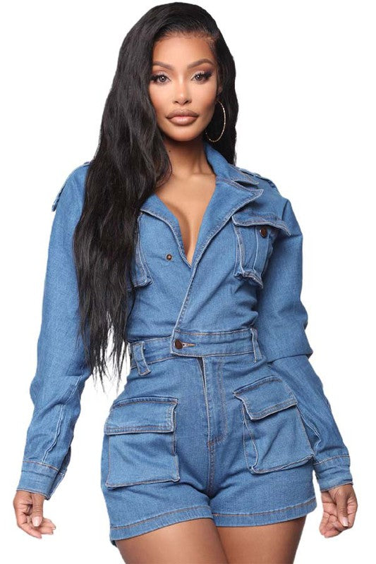 Front Wrap Style Sexy Denim Romper