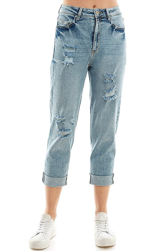 Roll Up Distressed High Rise Stretch Mom Jeans king-general-store-5710.myshopify.com