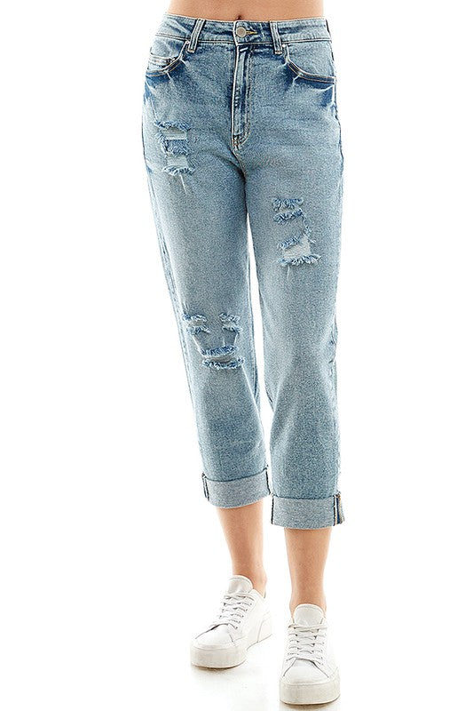 Roll Up Distressed High Rise Stretch Mom Jeans king-general-store-5710.myshopify.com