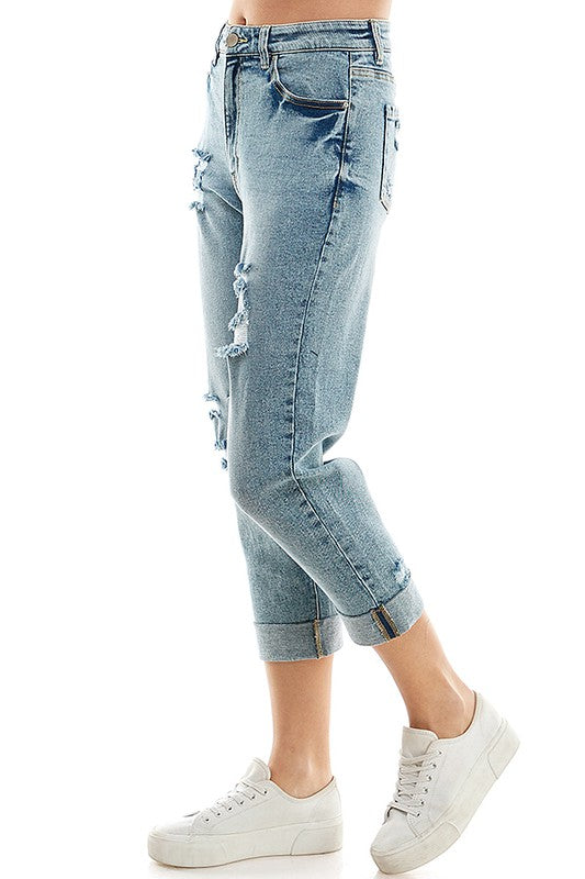 Roll Up Distressed High Rise Stretch Mom Jeans king-general-store-5710.myshopify.com