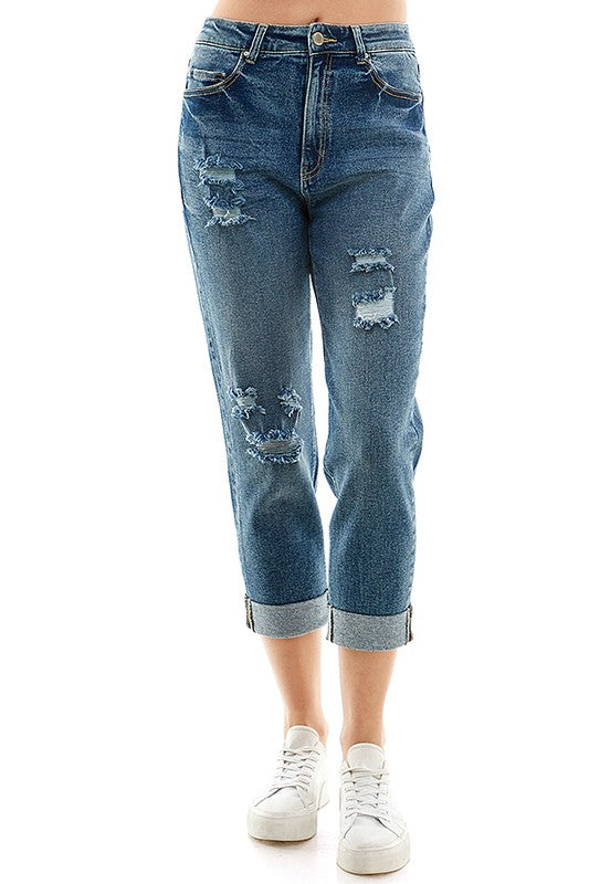 Roll Up Distressed High Rise Stretch Mom Jeans king-general-store-5710.myshopify.com